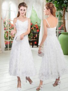 Glamorous White A-line Straps Sleeveless Ruffles Tea Length Zipper Prom Party Dress