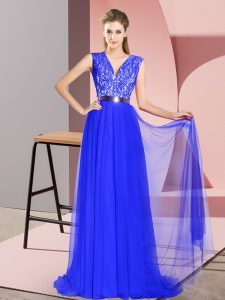 Royal Blue Sleeveless Tulle Sweep Train Zipper for Prom and Party
