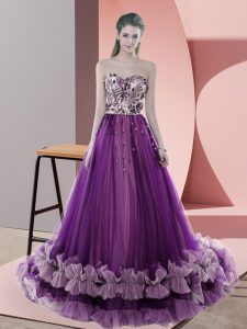 Purple Lace Up Sweetheart Appliques Evening Gowns Tulle Sleeveless Sweep Train