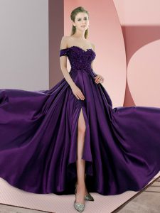 Dazzling Elastic Woven Satin Off The Shoulder Sleeveless Sweep Train Backless Beading and Lace Prom Evening Gown in Purple