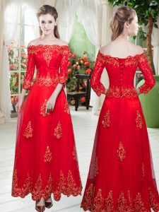 Red A-line Lace and Appliques Homecoming Dress Tulle 3 4 Length Sleeve Floor Length