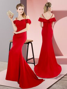 Dramatic Sleeveless Satin Sweep Train Lace Up Prom Dress in Red with Beading