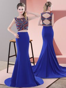 Two Pieces Sleeveless Royal Blue Dress for Prom Sweep Train Lace Up