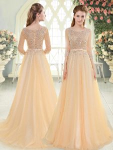 Champagne Evening Dress Tulle Sweep Train 3 4 Length Sleeve Beading