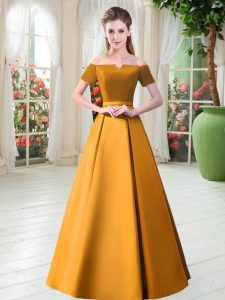 Gold Short Sleeves Floor Length Belt Lace Up Prom Dress