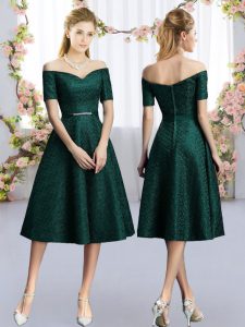 A-line Quinceanera Court of Honor Dress Dark Green Off The Shoulder Lace Short Sleeves Tea Length