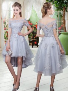 Grey A-line Appliques Evening Dress Lace Up Tulle Short Sleeves High Low