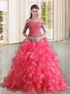 Fantastic Off The Shoulder Sleeveless Organza Sweet 16 Quinceanera Dress Beading and Lace and Ruffles Sweep Train Lace Up