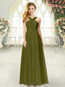 Custom Fit Floor Length Zipper Homecoming Dress Olive Green for Prom and Party with Ruching