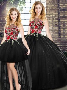 Black Zipper Scoop Sleeveless Floor Length Quinceanera Gowns Embroidery