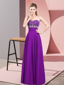 Purple Empire Beading Dress for Prom Zipper Chiffon Sleeveless Floor Length