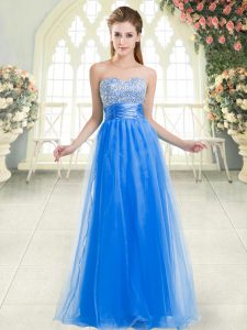 Delicate Blue Tulle Lace Up Prom Evening Gown Sleeveless Floor Length Beading