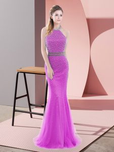 High End Brush Train Mermaid Prom Gown Lilac Halter Top Tulle Sleeveless Backless