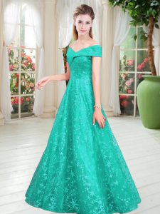 Classical Turquoise Lace Lace Up Prom Party Dress Sleeveless Floor Length Beading