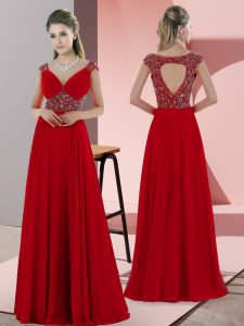 New Style Red Evening Dress Satin Sweep Train Sleeveless Beading