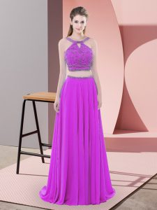 Sweep Train Two Pieces Prom Dresses Purple Straps Chiffon Sleeveless Backless