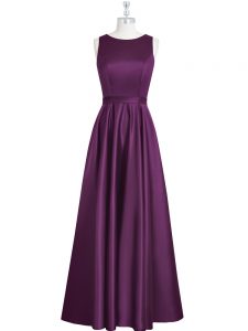 Luxury Sleeveless Elastic Woven Satin Floor Length Backless Evening Dress in Eggplant Purple with Ruching and Pleated