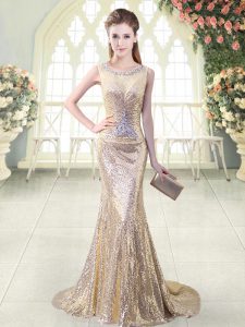 Mermaid Sleeveless Gold Prom Party Dress Brush Train Zipper