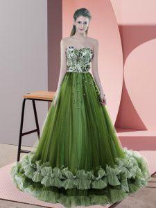 Noble A-line Sleeveless Green Prom Evening Gown Sweep Train Lace Up