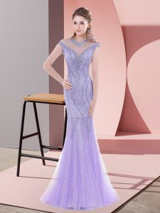 Cap Sleeves Tulle Sweep Train Lace Up Evening Dress in Lavender with Beading