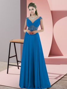 Ideal Sleeveless Satin Sweep Train Backless Prom Evening Gown in Blue with Beading