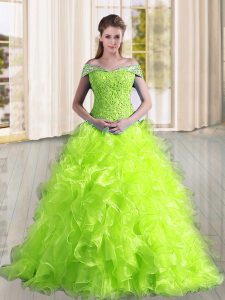 Perfect Sweep Train A-line Sweet 16 Dress Yellow Green Off The Shoulder Organza Sleeveless Lace Up