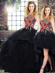 Floor Length Black 15 Quinceanera Dress Tulle Sleeveless Beading and Embroidery