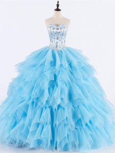 Baby Blue Ball Gowns Sweetheart Sleeveless Tulle Floor Length Lace Up Beading and Ruffles Quinceanera Dress