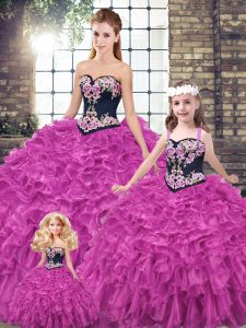 Fuchsia 15th Birthday Dress Organza Sleeveless Embroidery and Ruffles