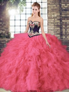 Glorious Floor Length Ball Gowns Sleeveless Hot Pink Quinceanera Gowns Lace Up