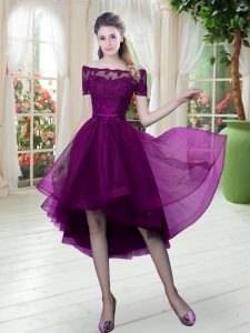 Customized Purple Off The Shoulder Lace Up Lace Evening Dress Short Sleeves