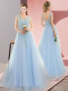 Flirting V-neck Sleeveless Tulle Prom Gown Beading Sweep Train Lace Up