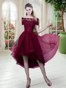 High Low Burgundy Dress for Prom Tulle Short Sleeves Lace