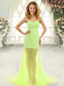 Yellow Green Column/Sheath Tulle Sweetheart Sleeveless Beading Zipper Brush Train