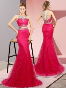 Sleeveless Beading Lace Up Evening Outfits with Hot Pink Sweep Train