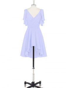 Baby Blue V-neck Backless Ruching Evening Dress Short Sleeves