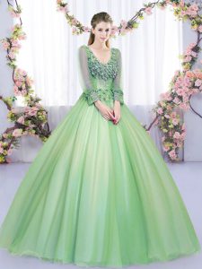 V-neck Long Sleeves Lace Up Quinceanera Dress Green Tulle