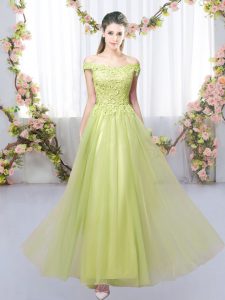 Flirting Off The Shoulder Sleeveless Lace Up Quinceanera Court of Honor Dress Yellow Green Tulle