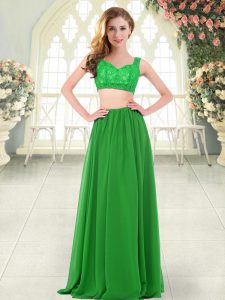 Two Pieces Prom Dress Green Straps Chiffon Sleeveless Floor Length Zipper