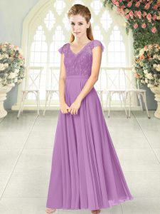 Elegant Lilac Chiffon Zipper Dress for Prom Cap Sleeves Ankle Length Lace