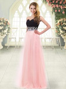 Simple Sleeveless Tulle Floor Length Zipper Prom Dress in Baby Pink with Appliques