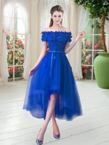 Dynamic Off The Shoulder Short Sleeves Prom Evening Gown High Low Appliques Royal Blue Tulle