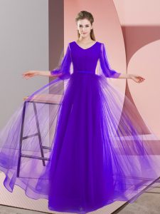 Suitable Purple V-neck Neckline Beading Prom Evening Gown Long Sleeves Zipper