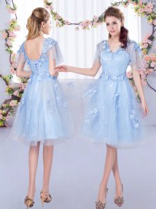 Fantastic Light Blue V-neck Neckline Appliques Quinceanera Court of Honor Dress Short Sleeves Lace Up