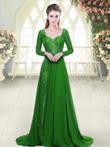 Sweetheart Long Sleeves Prom Evening Gown Sweep Train Beading Green Chiffon
