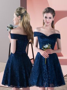Inexpensive Off The Shoulder Sleeveless Prom Dresses Mini Length Lace Navy Blue