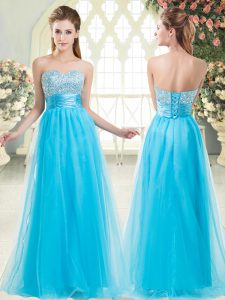 Trendy Aqua Blue Lace Up Sweetheart Beading Prom Evening Gown Tulle Sleeveless