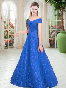 A-line Prom Dress Blue Off The Shoulder Lace Sleeveless Floor Length Lace Up