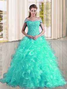 Sweet Turquoise Lace Up Off The Shoulder Beading and Lace and Ruffles Sweet 16 Dress Organza Sleeveless Sweep Train