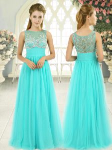 Artistic Aqua Blue Prom Party Dress Prom and Party and Military Ball with Beading Scoop Sleeveless Backless